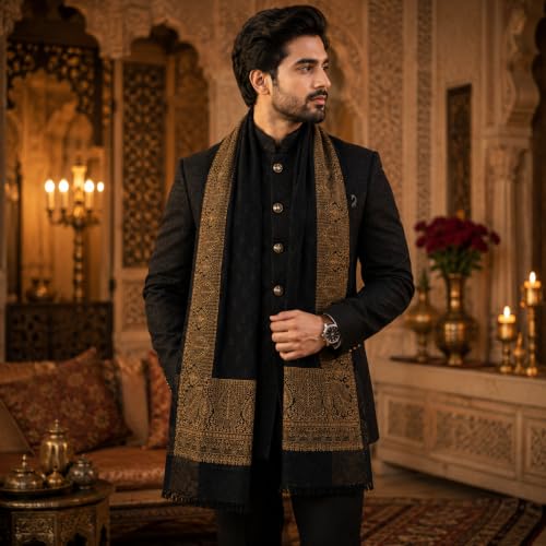 Image of Premium Pure Wool Kashmiri Stole for Men & Women | Soft Warm Winter Shawl | Traditional Woven Kashmiri Border | Unisex Designer Wrap | Black