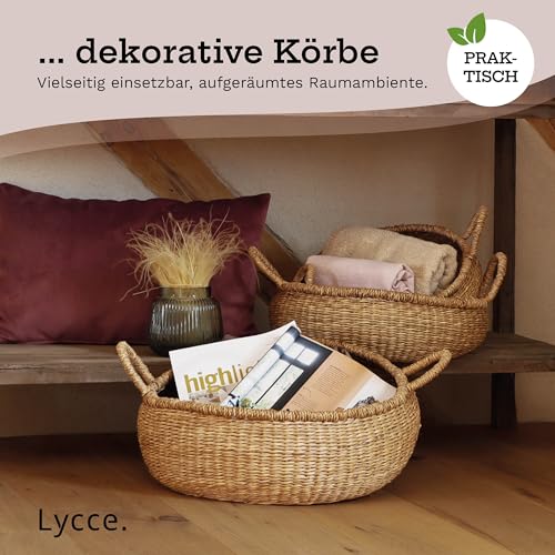 Lycce Aufbewahrungskorb Natur, Korb geflochten aus Seegras | dekorativer Flechtkorb mit Henkel vielseitig einsetzbar in deinem Zuhause als Wäschekorb, Picknickkorb, Präsentkorb leer | Gr. 2 (Ø 34 cm)