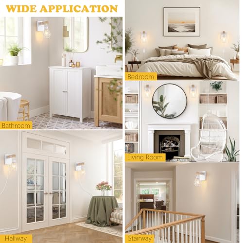 Image of Lomoky White Plug in Wall Sconces Set of Two, Modern Wall Lights with 5.25FT Plug in Cord, Wooden Bedside Wall Lamps with Metal Shade, Industrial Wall Lighting Decor for Living Room, Hallway, Stairs