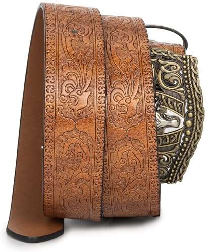 HinyBoeh Western-PU-Leather-Belts for Men and Women Cowboy-Cowgirl Longhorn-Bull-Pattern-Engraved-Buckle-Belt for Unisex