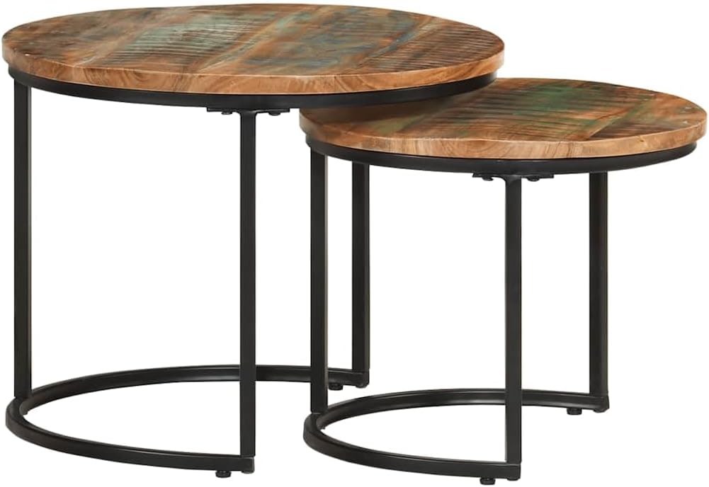 vidaXL Rustic Round Nesting Tables Set of 2 Solid Reclaimed Wood Stacking Multicolor with Powder Coated Iron Frame Ideal for Living Room and Bedroom Indoor Use Wooden Table Coffee Couch Accent