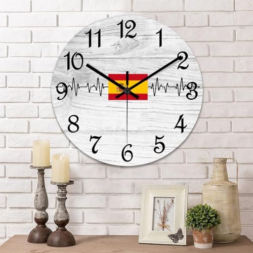 Yelolyio Reloj de pared con diseño de bandera de España, reloj de pared de madera de 10 pulgadas, funciona con pilas, reloj redondo silencioso para decoración del hogar, dormitorio, sala de estar,