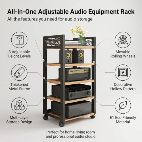 Rack de audio para sala con estantes de madera regulables y estructura de metal 4