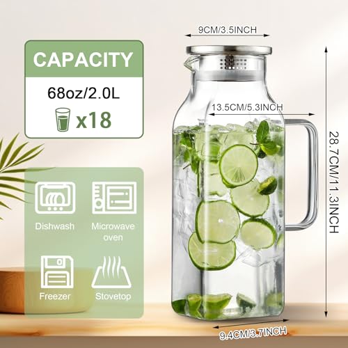 Water Jug for Fridge, 2 Litre Glass Water Jugs with Lid, Water Pitcher Jug Carafe for Milk, Cocktail,Tea,Coffee and Juice Hot or Cold Beverage - Image 3