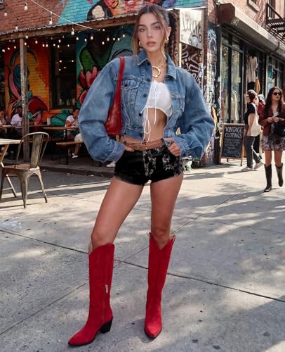 Image of Pasuot Western Cowboy Boots for Women - Knee High Wide Calf Cowgirl Boots, Slip On Pointed Toe Chunky Heel Fashion Retro Classic Pull On Tall Boot for ladies Party concert