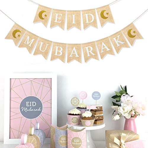 Uniwish Eid Mubarak Banner Burlap Eid Mubarak Decorations for Home Mantel Fireplace Decor Rustic Ramadan Moon Star Hanging Bunting by Uniwish - Image 5