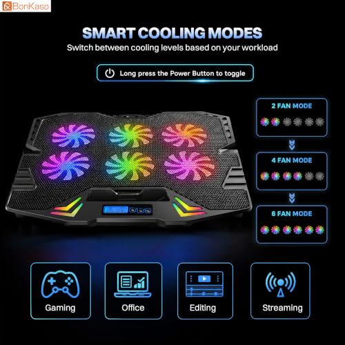 Image of Bonkaso RGB Laptop Cooling Pad for Up to 15.6 Inch Laptops, 6 High-Speed Fans, 1900 RPM, Digital LED Display, 5-Level Height Adjustment, Dual USB, Iron Mesh, Ultra-Quiet
