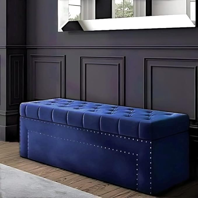 Roman Velvet Upholstered Ottoman Ripit with Storage 2 Seater Sofa Storage Box Footstool Toy Chest Shoe Bench Seats and Bed End Storage (Teal) (Navy Blue)-image-23