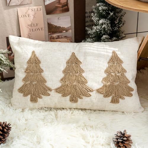Christmas Tree Lumbar Pillow Cover, Burlap Holiday Farmhouse Deco...