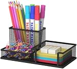 SUPEASY Mesh Pen Holder Desk Organizer, Office Supplies Pencil Storage with 3 Compartments, Office Desk Accessories and Workspace Organizers for Home School, Black