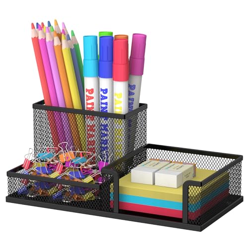 SUPEASY Pen Holder Desk Organizer, Office Supplies Pencil Holder with 3 Compartments, Desk Accessories and Workspace Organizers for Home School Classroom, Black