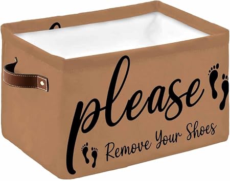 Please Remove Your Shoes Storage Basket Waterproof Cube Storage Bin Organizer with Handles, Farmhouse Brown Collapsible Storage Cubes Bins for Clothes Books Toys 15"x11"x9.5"