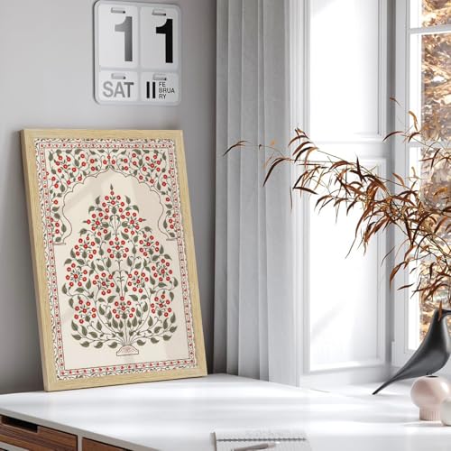 Image of ArtX Paper Madhubani Floral Paintings with Frame for Home Decor Wall Art, Wall Paintings for Living Room, Multicolor, Natural Wood Color Frames, 12.0x18.0 inch, Set of 3