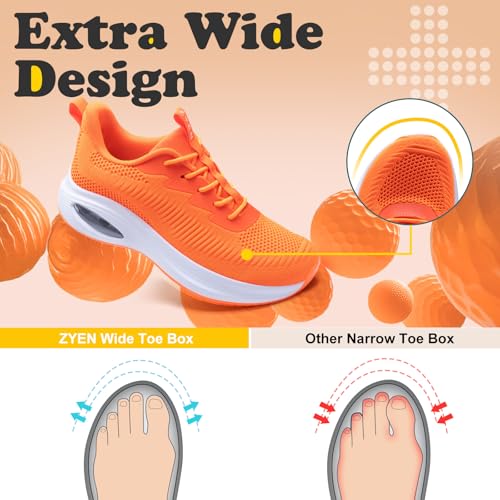 Image of ZYEN Wide Toe Box Shoes Women Air Cushion Road Running Shoes Extra Wide Width Sneakers Arch Support Gym Athletic Tennis Sneakers Lightweight Breathable Walking Shoes 8811 Orange 37
