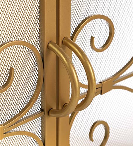 Plow & Hearth Metal Fireplace Screen Crest Arch Gold | 44" W X 33" H | 2 - Door | Spark Guard Indoor Grate | Iron Fire Place Cover | Wood Burning Stove Decorative Accessories #TOP2