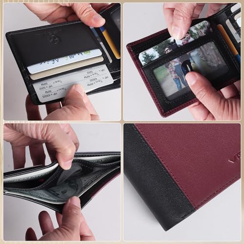 VISOUL Leather Bi-fold Wallets for Men with RFID Blocking Two Tone, Compact Men¡¯s Wallet with 1 ID Window and 2 Cash Compartments (Wine Red and Black)3