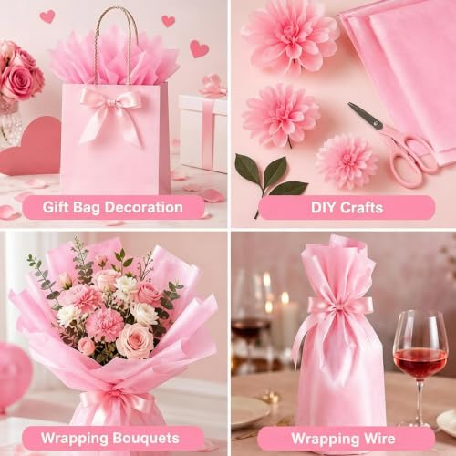 Image of Pink Tissue Paper - 100 Sheets Wrapping Paper for Pink Birthday Decorations | Valentines Day Decorations for Gift Bags Boxes - Gift Wrapping Tissue Paper Bulk for DIY Crafts Holiday Party Favors Supplies