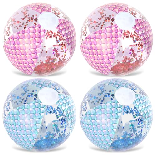 Whaline 4Pcs 16'' Mermaid Inflatable Beach Ball Glitter Pool PVC Balls Game Toys for Summer Hawaiian Tropical Theme Beach Party Decorations Water Sand Game Accessory, Pink Blue