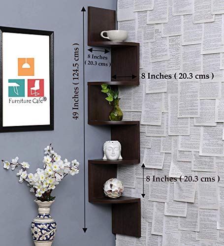 Furniture Cafe Wooden Wall Shelves Corner Hanging Shelf for Living Room Stylish Zig Zag Home Decor Floating Display Rack Storage Organizer Unique Design with Teak Natural Finish 5 Tiers (Set of 2) (Image - 3)