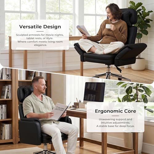 Big and Tall Office Chair - Criss Cross Leather High Back Executive Office Chair with Armrests & Wheels, Ergonomic Computer Gaming Desk Chair for Home, Makeup Vanity & Bedroom, Black, 49.6&rdquo;H&times;22&rdquo;W