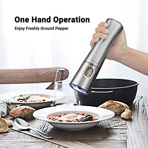 Image of Inkbird Electric Pepper Grinder Mill,Automatic Electric Pepper Grinder,Battery Operated Stainless Steel Pepper Mill Salt Mill with Light,Push Button Adjustable Coarseness