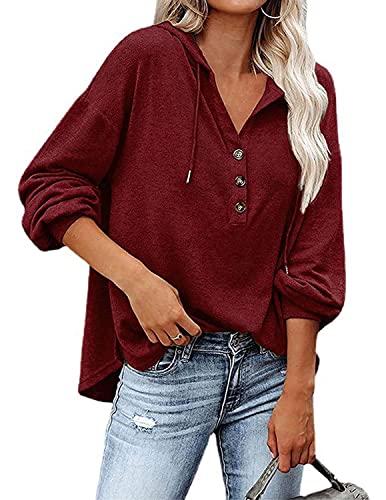 LIUPMWE Sudaderas Mujer Manga Larga Sudadera con Capucha Suelto Sweatshirt para Mujer Irregular Hemos Cálido Pullover Invierno Otoño Tops,Rojo,XL