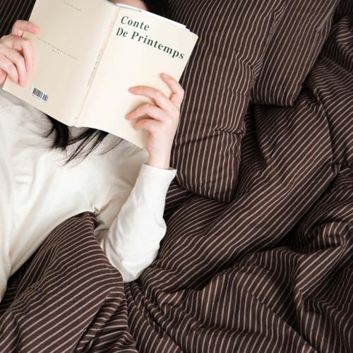 Image of Nayoroom Striped Duvet Cover Queen Brown Pinstripe Bedding Set