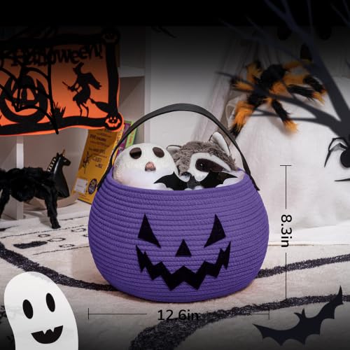 Image of Goodpick Halloween Pumpkin Basket with Cute Face and Sturdy Handles, Purple