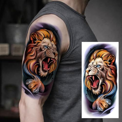 Image of Bilizar 12 Sheets Creative Animals Temporary Tattoos For Men Women Adults Lion Tiger Panther Tattoo Sticker, Realistic Wolf Dragon Spider Fake Tattoos Forearm Half Arm Sleeve Tatoos Waterproof Durable