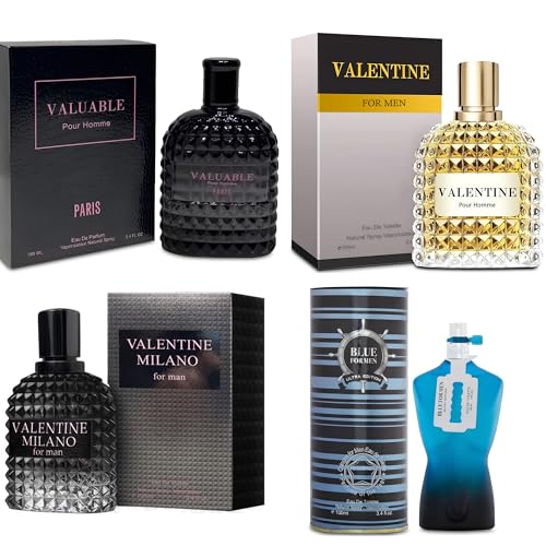 A CENTER Men's Cologne Gift Set Include Valentine Milano,Valentine,Blue for Men Ultra& Valuable Paris - 3.4 Fl Oz Each | Vanilla Bourbon, Leather & Amber Floral Fragrance Eau de Toilette Perfume