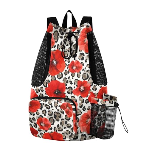 Beach Drawstring Backpack Mesh Swim Bag for Women Red Poppy Leopard Cheetah Swimming Gym with Wet Pocket Packable Sports