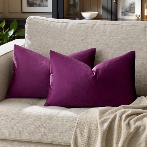 Image of GIGIZAZA Purple 12x20 Lumbar Velvet Decorative Throw Pillow Covers for Sofa Bed 2 Pack Soft Cushion Cover
