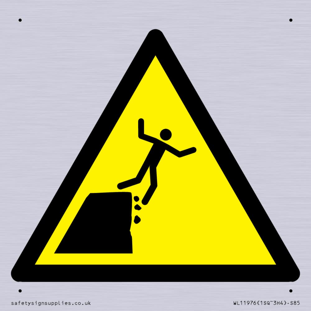 W052 Warning: Unstable cliff edge Sign - 85x85mm - S85, Yellow/White