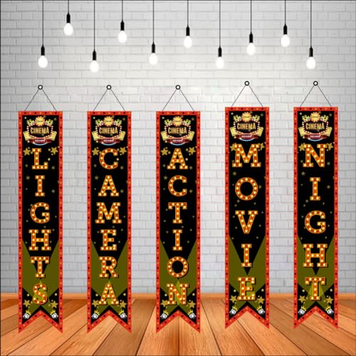 Image of Bollywood Light Camera Action Movie Night Porch Sign Banner | Bollywood Backdrop for Movie Party Decorations (Pack of 5, Multi Color, Size: 5x1 Feet)