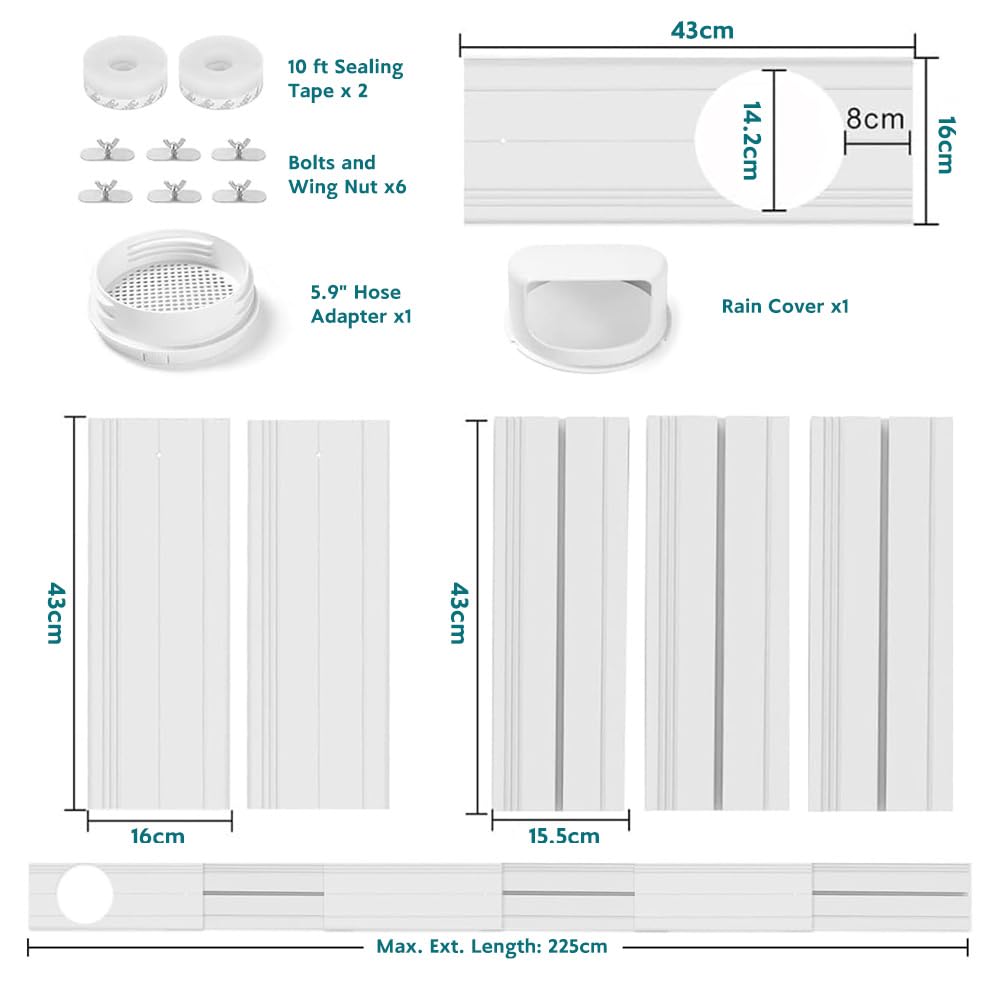 Kit Ventana Aire Acondicionado Portátil, 6 Pcs Placas de Sellado de Ventana Corredera de Aire Acondicionado, Ajustable 43-225cm, Adecuado para Tubos de 5,91" Diámetro, para Ventanas Correderas