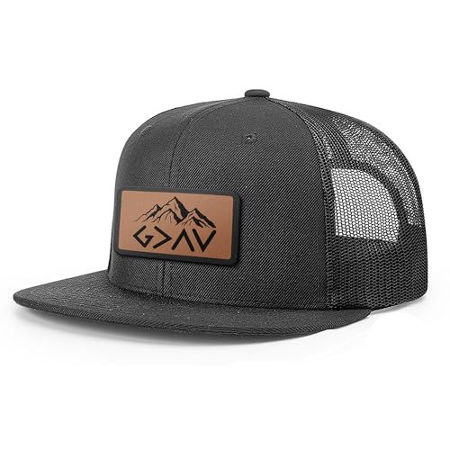 God is Greater Mountain Leather Flatbill Christian Trucker Hat -