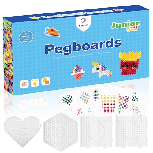 La Manuli Große Bügelperlen Platten 10mm - 4 Stück XL Steckplatten und 10 Bunte Vorlagen für Kinder ab 3 Jahren, Set mit 2 sicheren, transparenten Bügelfolien für XL Steckperlen