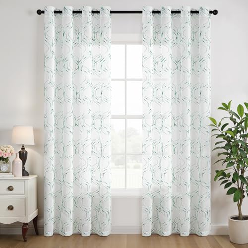 MIULEE Cortinas Transparentes Bordadas con Ojales, con Estampado de Rombos, para Dormitorio y salón, Moderno Juego de Cortinas Minimalista de 2 Piezas，245x140 cm,Verde