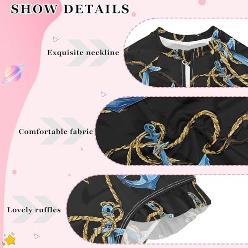 ALAZA Blue Anchor Black Girls One Piece Swimsuit Long Sleeve Rash Guard Swimsuits UV 50+ Swimwear Zipper4