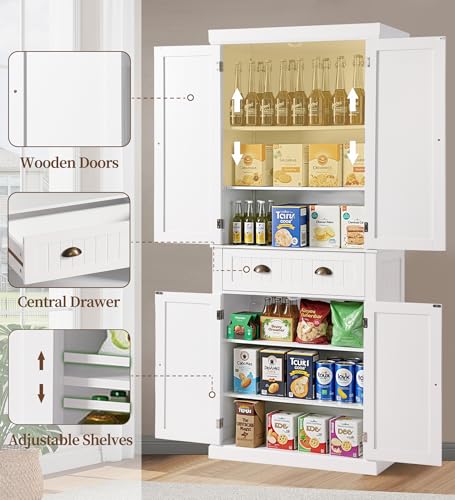 KIGOTY 72" Tall Kitchen Pantry Cabinet with Drawer and 4 Adjustable Shelves, Freestanding Pantry Storage Cabinets, Wood Cupboard Pantry Cabinet for Kitchen, Dining Room, Living Room, Off White - Thumbnail 6