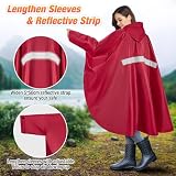 BTNEEU Regenponcho Damen Regencape Wasserdicht mit Reißverschluss Rain Poncho Festival Wiederverwendbar Regenmantel mit Kapuze und Ärmeln Regenjacke Fahrrad Lang für Wandern Camping Draussen (Rot)