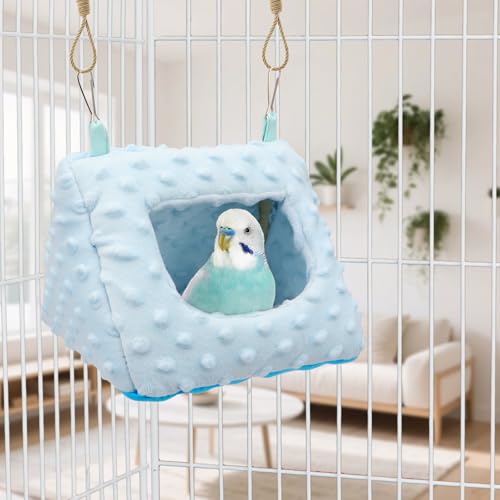 Image of Litewoo Winter Warm Plush Hanging Bird Nest Hammock for Parrots (Blue) | Warm plush, removable cushion, easy clean, metal hooks, for parakeets /cockatiels /budgies /lovebirds /finches, 7.1x6.3x5.5in
