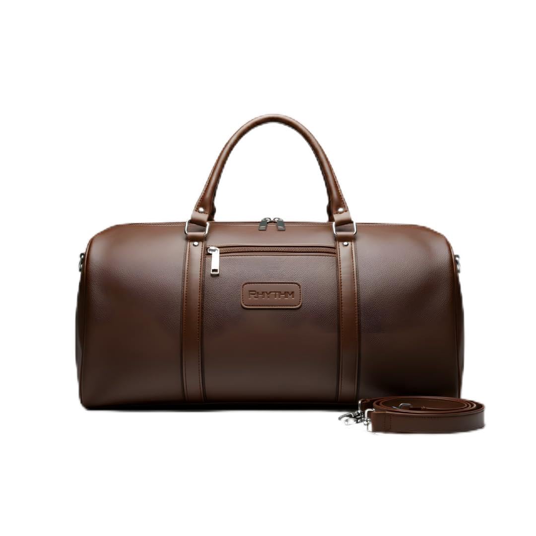 pu leather duffel bag, black, travel luggage bag with detachable & adjustable shoulder strap (brown)