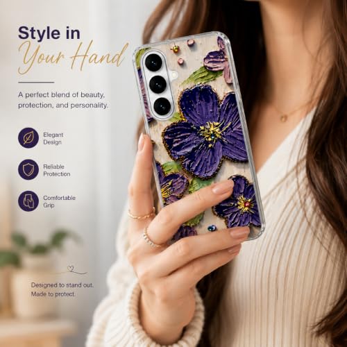 Image of Elzzi Compatible with Samsung S26 Case Laser Flower Oil Painting Cute Colorful Blue Ray Bumper with Full Camera Protection Shockproof PC+TPU Glossy Shiny Cover for Girls Women, Purple