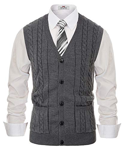 PJ PAUL JONES Men V Neck Sweater Vest Knitwear Sleeveless Cable Cardigan Sweater Grey, M