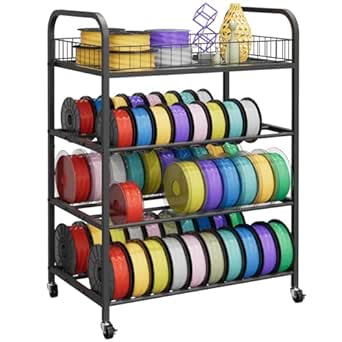 3D Printer Filament Storage Rack, 4 Tier Filament Spool Holder, Metal Filament Organizer with Wheels for PLA/ABS/TPU/PETG/Nylon, Heavy Duty Storage Shelves for 3D Printing Studio Office Workshop
