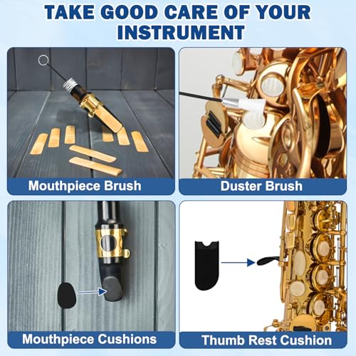 Saxophone Cleaning Kit with Storage Bag, Clarinet Cleaning Kit with Maintenance Kit Including 2 Microfiber Cleaning Swabs,16 Mouthpiece Cushions,Mouthpiece Brush, Dust Brush,Thumb Cushion&Pad Dryers