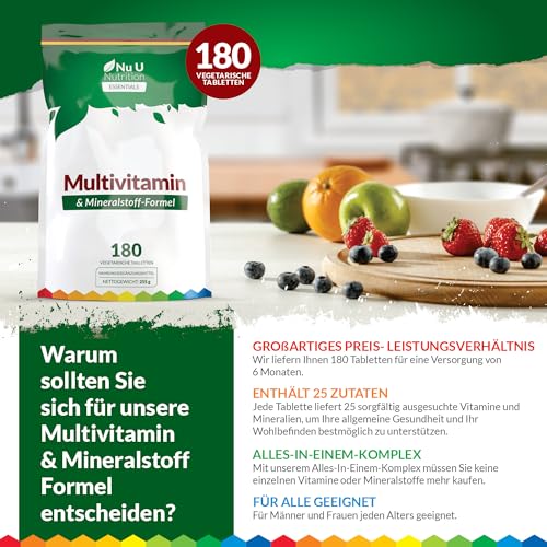 Multivitamin-Tabletten für Männer & Frauen - 180 Tabletten - 6 Monats-Vorrat - 25 A-Z Multivitamine & Mineralien mit Eisen, Zink & Vitamin D - Eine pro Tag - Nu U Nutrition