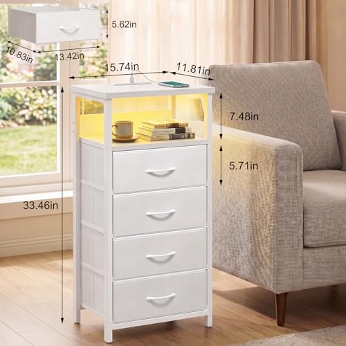 Image of Fixwal Tall Nightstand with Charging Station, Night Stand with U-S-B Ports and Outlets, 4 Fabric Storage Drawers with PU Finish, Small Dresser Bed Side Table, White