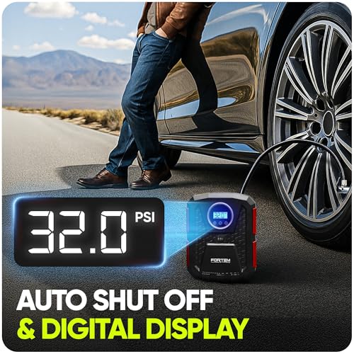 FORTEM Car Tyre Inflator 150 PSI, Air Compressor, 230V AC 12V DC Electric Air Pump for Car Tires, Digital Tire Pump w/Auto Pump/Shut Off, Carrying Case - Image 3